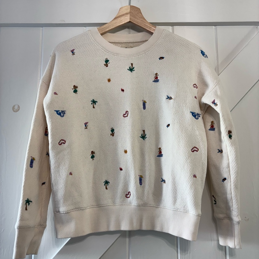 Madewell Embroidered Tropical Beach Vacation Motif Cream Sweatshirt Cotton XXS - Picture 3 of 10